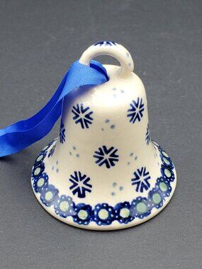 Polish Pottery Falling Snowflakes Bell Ornament Winter Holiday Decor